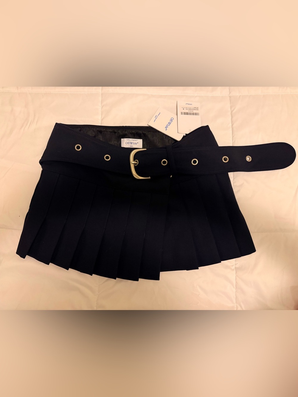 Off-White Pleated Mini Skirt with Grommet Belt